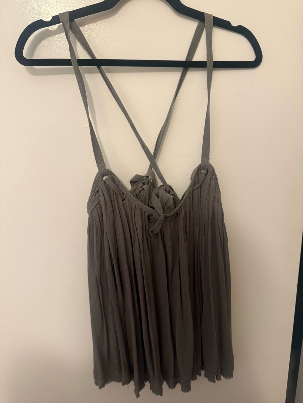 Free People Olive Pleated Crinkle Spaghetti Strap Cami